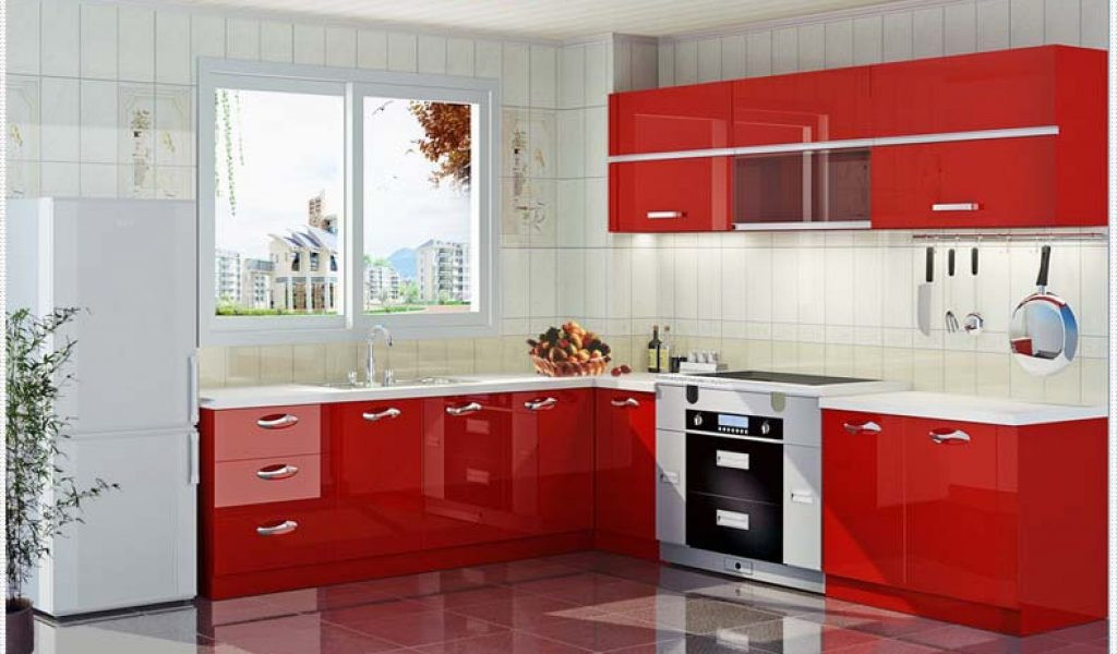 مدل کابینت آشپزخانه پی وی سی (PVC) سفید و قرمز