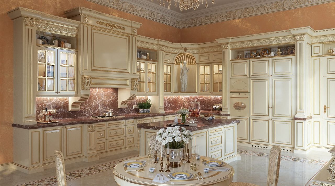 کابینت لوکس سفید کلاسیک با طراحی‌های طلایی و درب شیشه‌ای