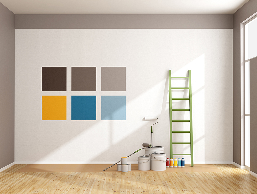 دیوار نقاشی شده با رنگ روغن سفید، زرد، مشکلی و قهوه ای و آبی به کمک نردبان و غلطک