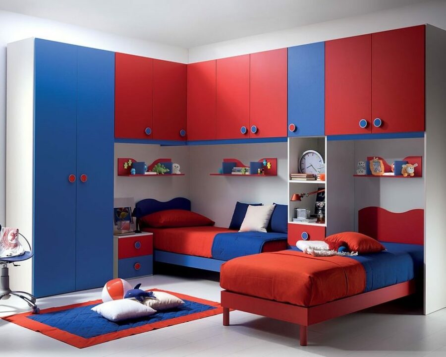 ترکیب رنگ کمد دیواری اتاق خواب کودک با رنگ های قرمز و آبی