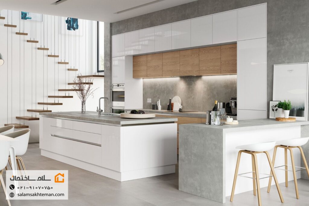 کابینت هایگلاس سفید براق برای آشپزخانه‌ی مدرن