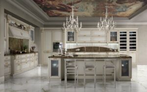 کابینت رومی سفید طلایی با درب های شیشه ای