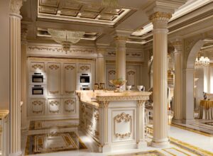 کابینت آشپزخانه رومی سفید طلایی با ستون های سلطنتی