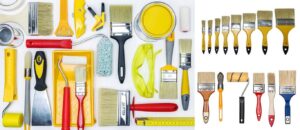 ابزارها و وسایل لازم برای رنگ آمیزی و نقاشی ساختمان شامل غلتک، کاردک، قلم مو