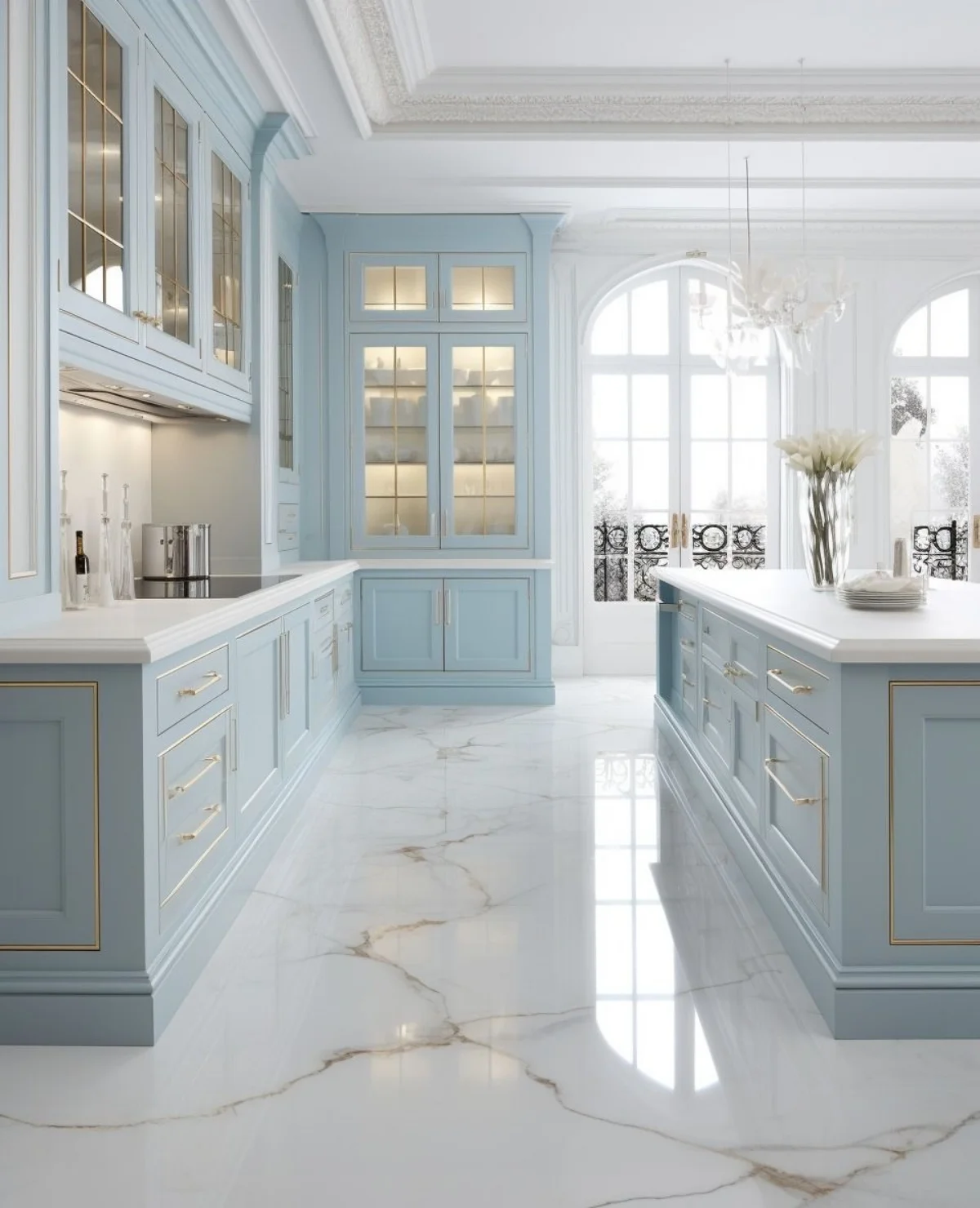 آشپزخانه نئوکلاسیک با کابینت آبی پاستیلی با حاشیه طلایی نازک و کانتر سفید