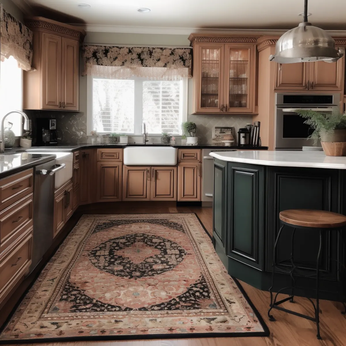 آشپزخانه با کابینت‌های دو رنگ با فرش ایرانی گل درشت