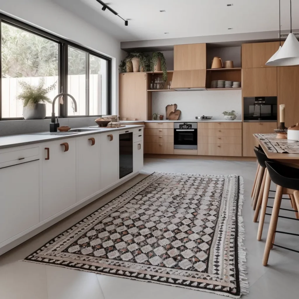 آشپزخانه مدرن با کابینت سفید قهوه‌ای و فرش ایرانی با طرح تکرار شونده