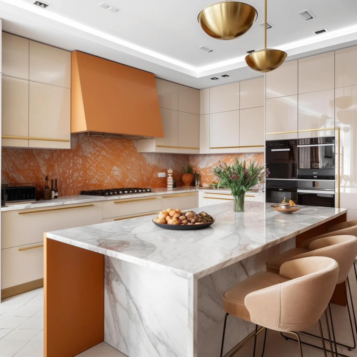 کابینت نارنجی کرمی با دستگیره‌های طلایی در آشپزخانه مدرن پاییزی