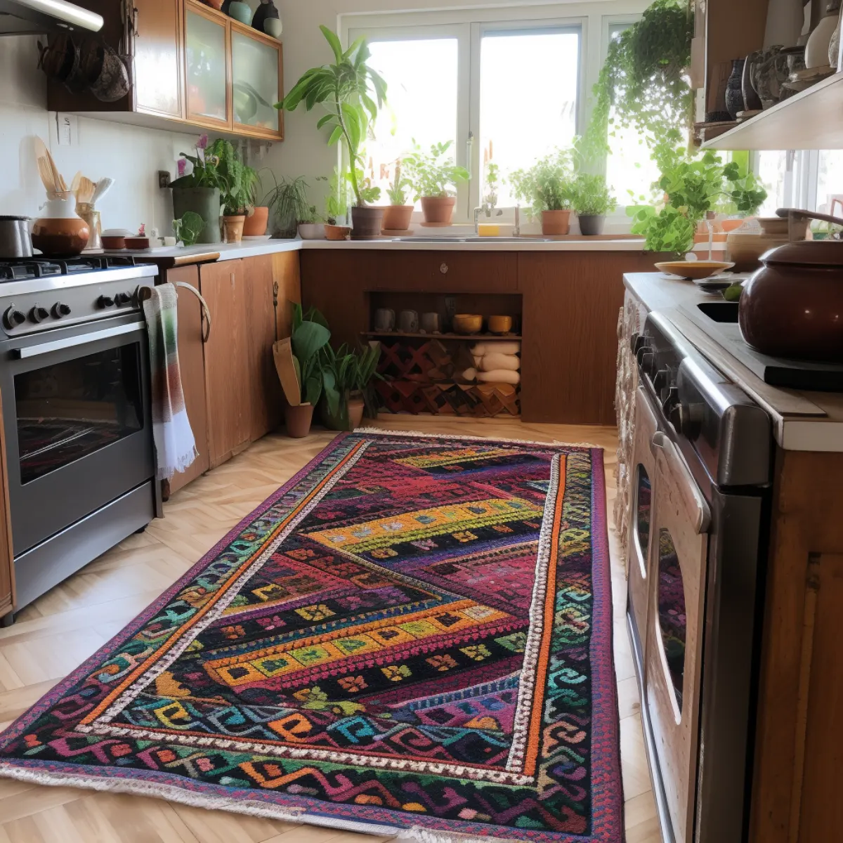 فرش دستبافت ایرانی ایلی در آشپزخانه مدرن