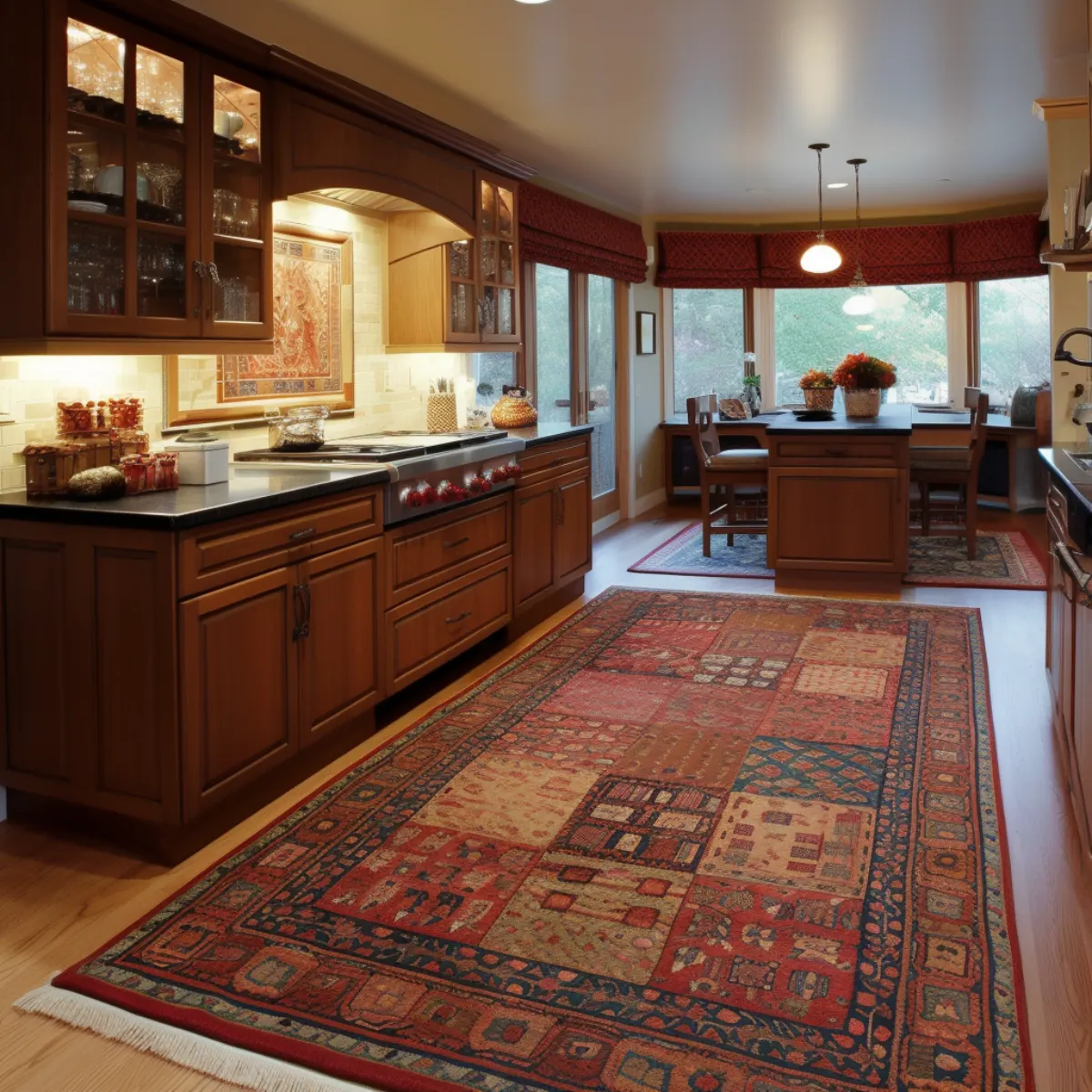 فرش خشتی با رنگ‌های گرم در آشپزخانه نئوکلاسیک قهوه‌ای