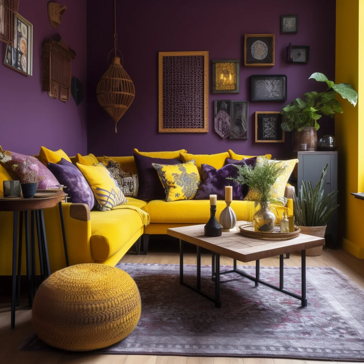 انتخاب مبلمان زرد با کوسن‌های بنفش در اتاق با دیوارها و فرش بنفش