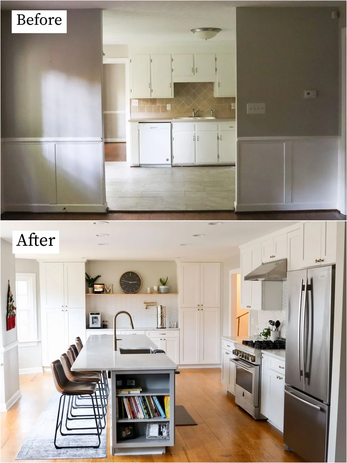 تعویض کابینت‌های سفید قدیمی با کابینت‌های مینیمال سفید و برداشتن دیوارهای اضافی دکوراسیون آشپزخانه