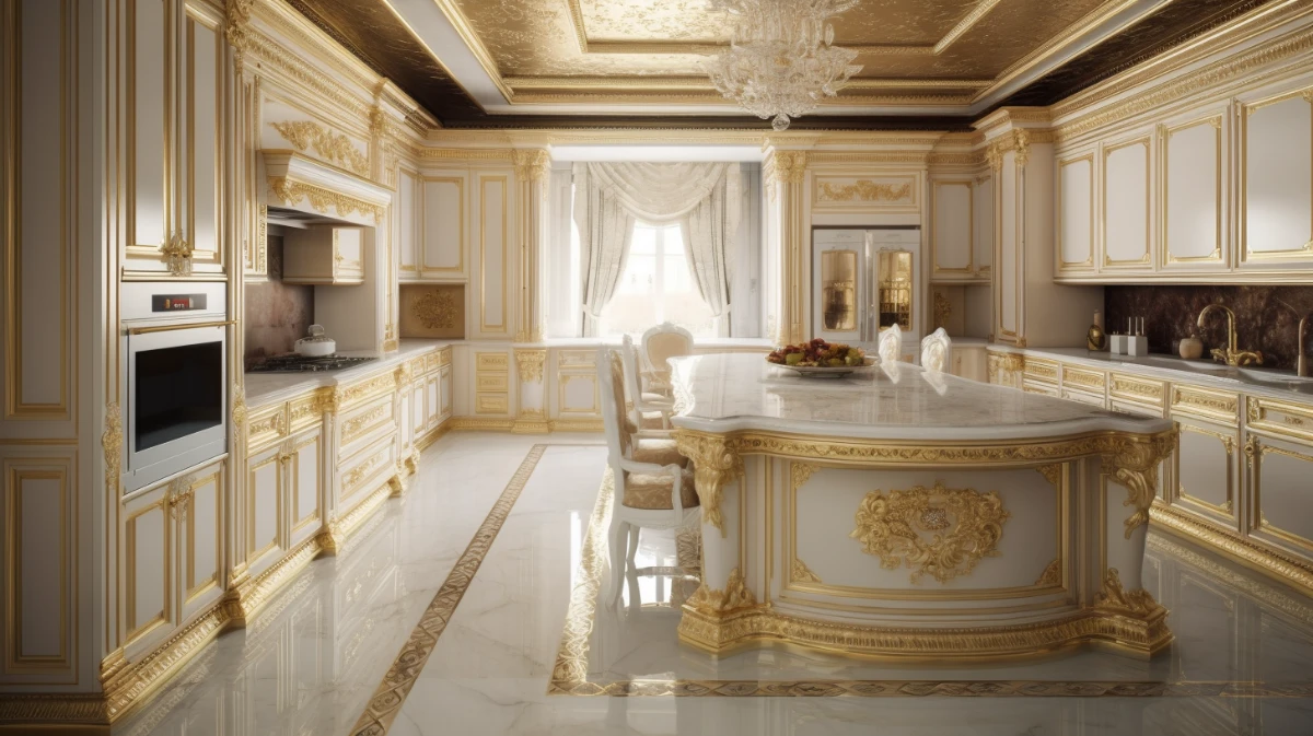 کابینت سفید با نقش و نگارهای فراوان طلایی در آشپزخانه کلاسیک