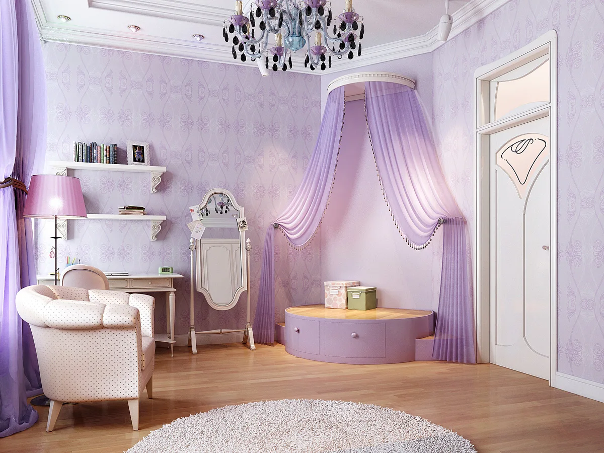 پرده‌ی تزئینی دیواری بنفش در اتاق یاسی رنگ دخترانه