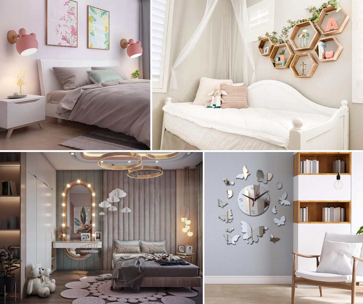 مدل‌های تزئینات دیواری اتاق دخترانه از جمله ساعت، قفسه، تابلو و یا آینه دیواری