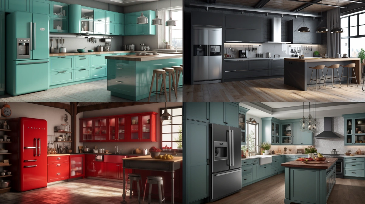 4 کابینت آشپزخانه با رنگ‌های آبی، قرمز، سبز آبی و طوسی با وسایل ست با رنگ کابینت‌ها