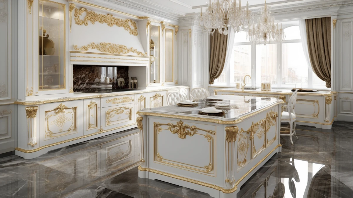 کابینت باشکوه و لوکس سفید با منبت کاری‌های طلایی در آشپزخانه کلاسیک