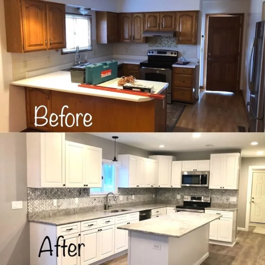 قبل و بعد تغییر دکوراسیون آشپزخانه با کابینت سفید نئوکلاسیک به جای کابینت قهوه‌ای قدیمی