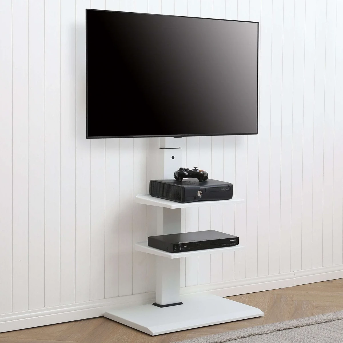 میز تلویزیون سفید با قابلیت تنظیم ارتفاع و دارای دوطبقه کوچک برای قرار گرفت وسایل برقی