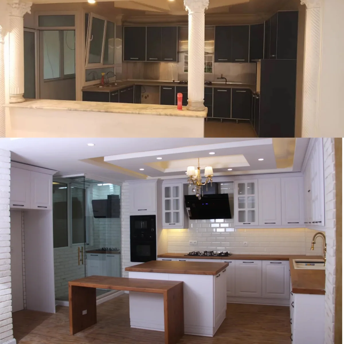 قبل و بعد دکوراسیون آشپزخانه، تعویض کابینت‌های طوسی کدر با کابینت‌های سفید قهوه‌ای